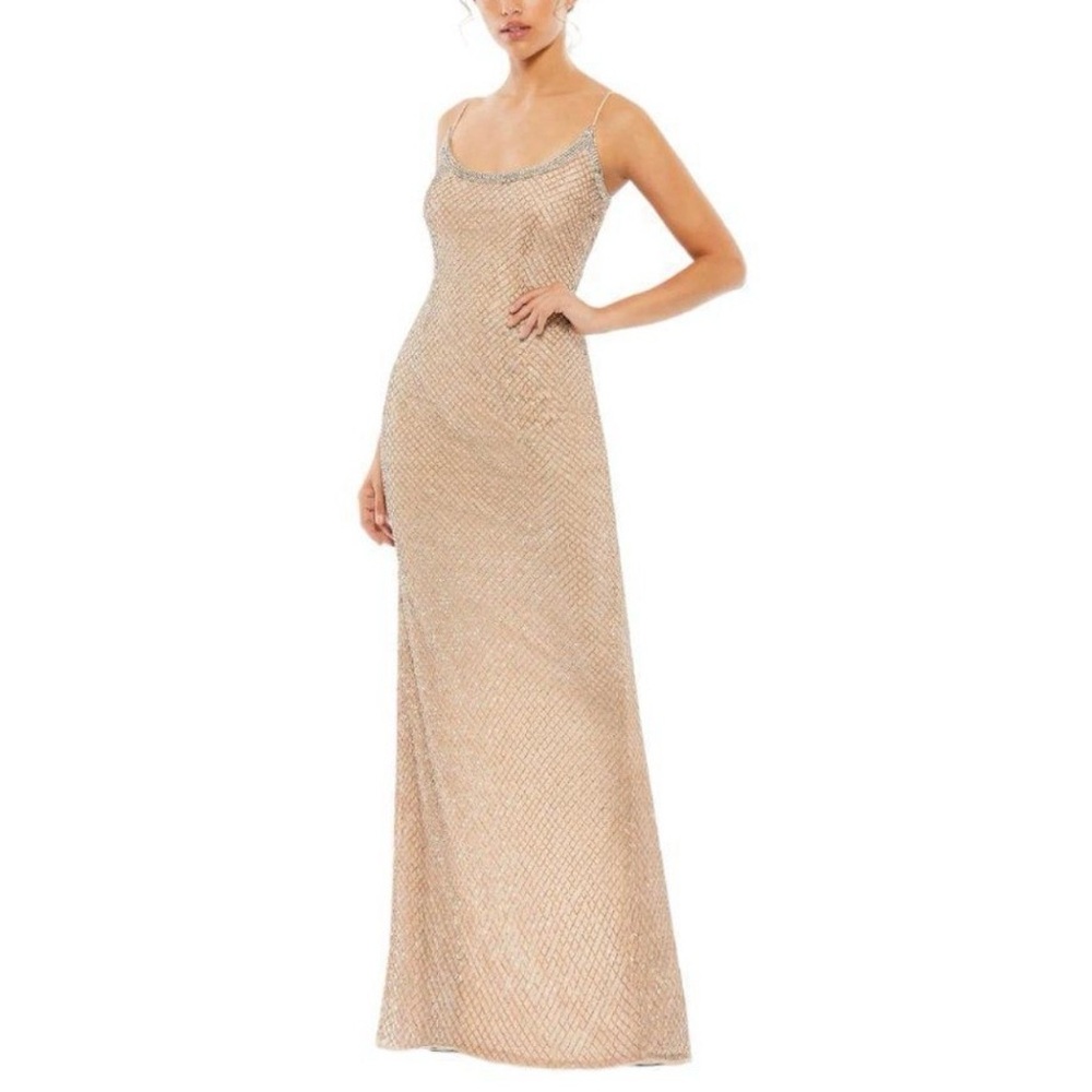 MAC DUGGAL BEADED SPAGHETTI STRAP COLUMN GOWN GOLD SZ 4